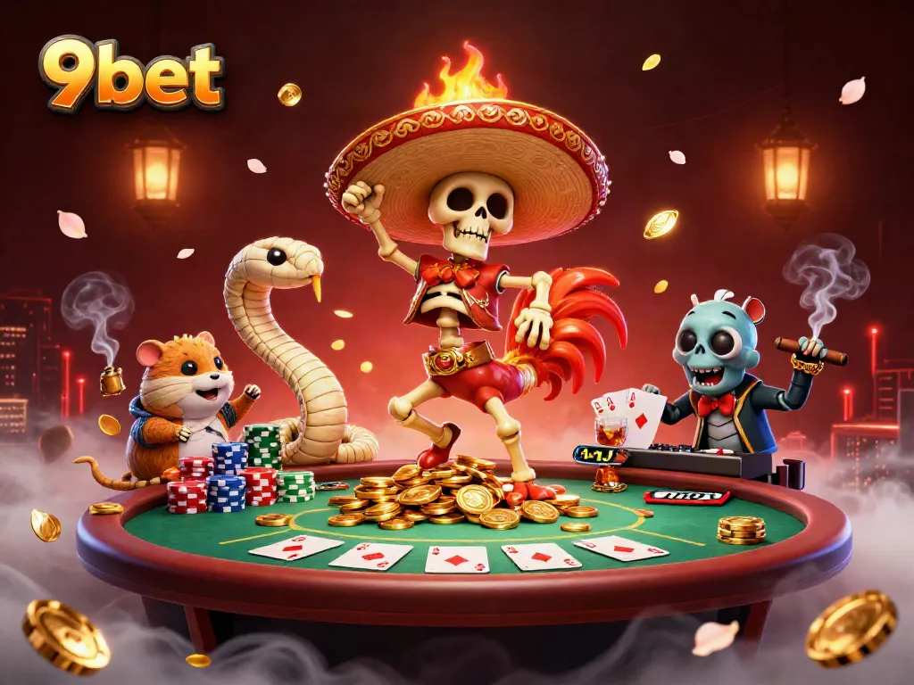 Celebrate wins at 9bet with colorful characters dancing on coins and poker elements surrounding them.