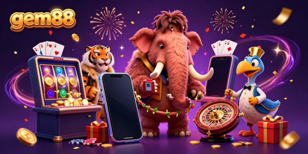 Join the excitement at gem88 with a vibrant 3D illustration of animals in a casino, showcasing games and fun.