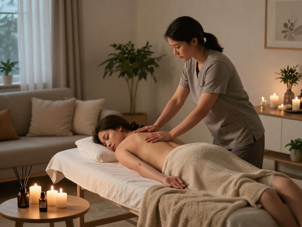 구리출장안마 service at home, a therapist providing relaxing massage in a cozy living room