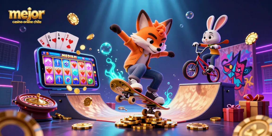 Mejor casino online Chile: ilustración 3D de un zorro haciendo un truco sobre fichas de póker doradas.
