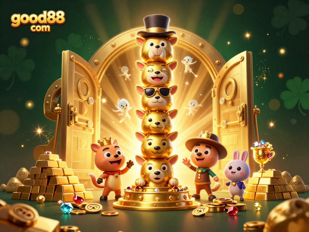 Experience exciting gaming wins with good88 com, featuring a vibrant 3D casino scene of golden treasures.