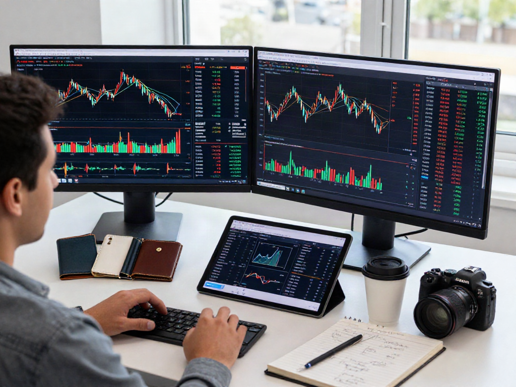 Persona en un escritorio digital analizando gráficos para comprar USDT con dispositivos modernos.
