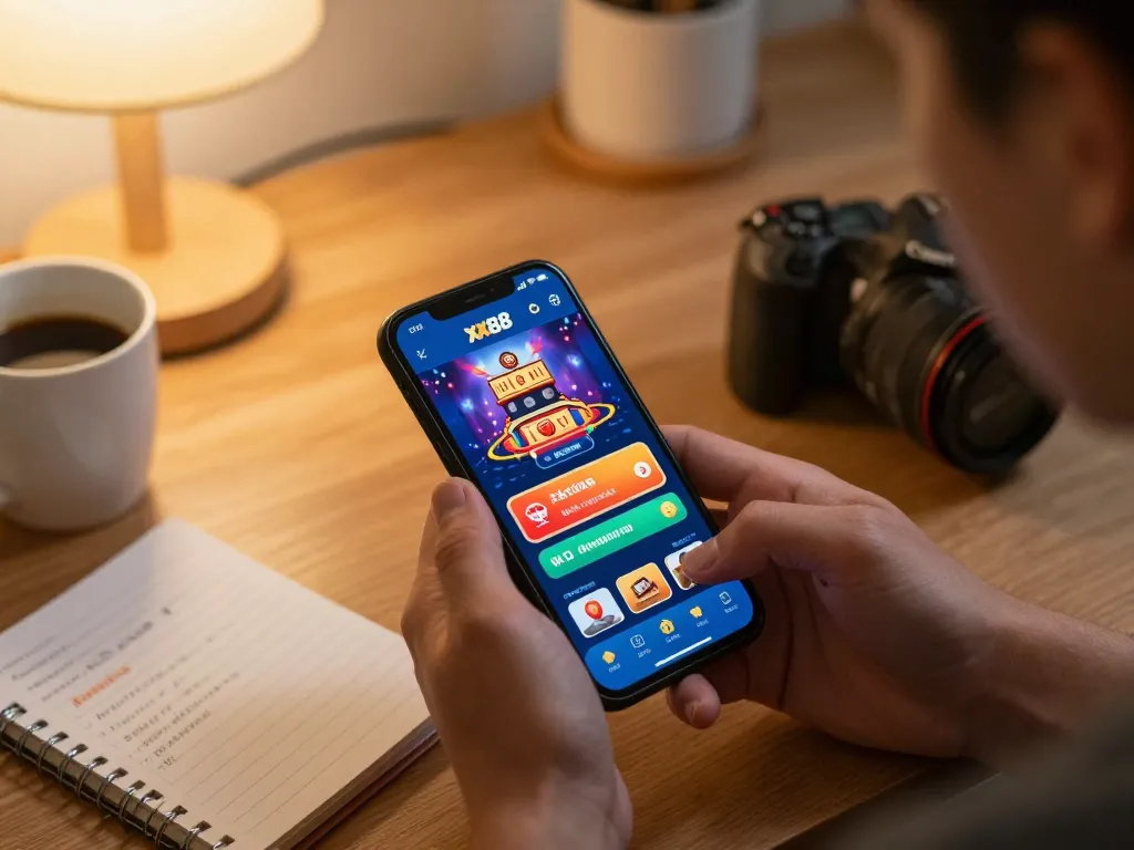 Player engaged in xx88 online gaming on smartphone, surrounded by cozy home office setting.
