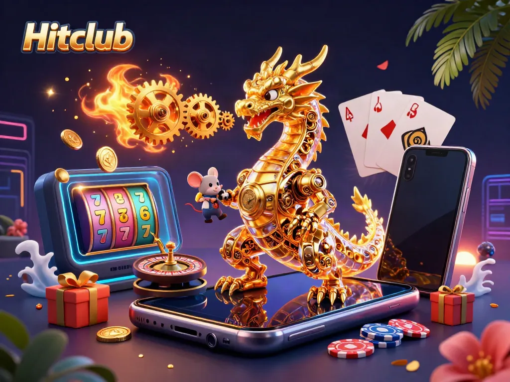 Hitclub showcases a golden dragon amidst colorful slot games and casino elements for gamers.