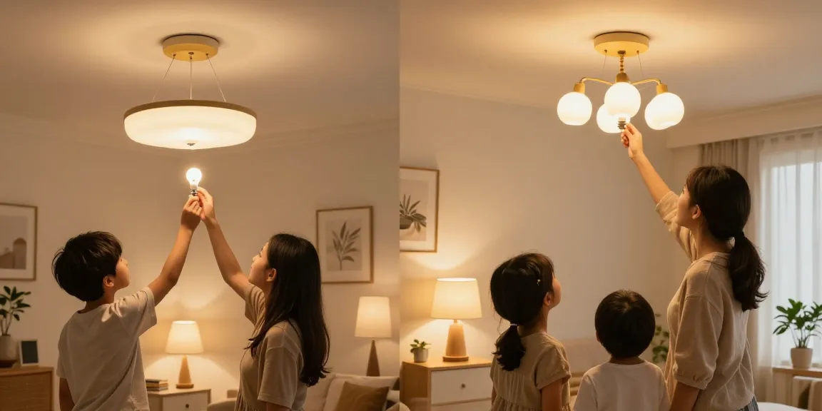 Comparación de bombillas E27 vs E14 en una cálida escena de iluminación de sala familiar, mostrando tipos de bombillas en accesorios para el hogar.