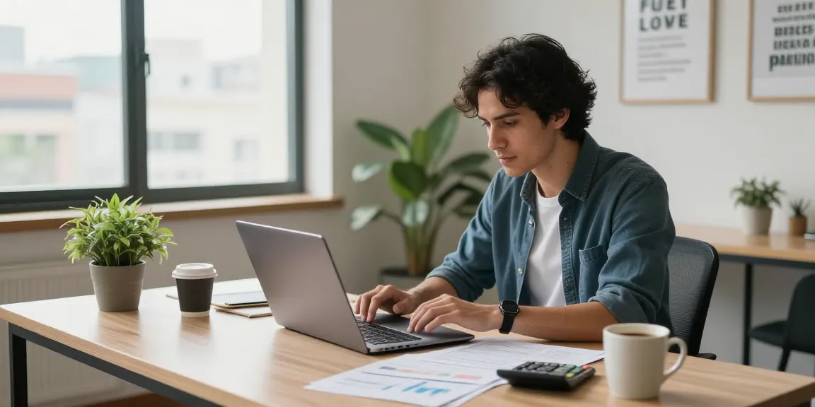 Calculating cuota hipoteca in a bright home office with financial documents and a laptop.