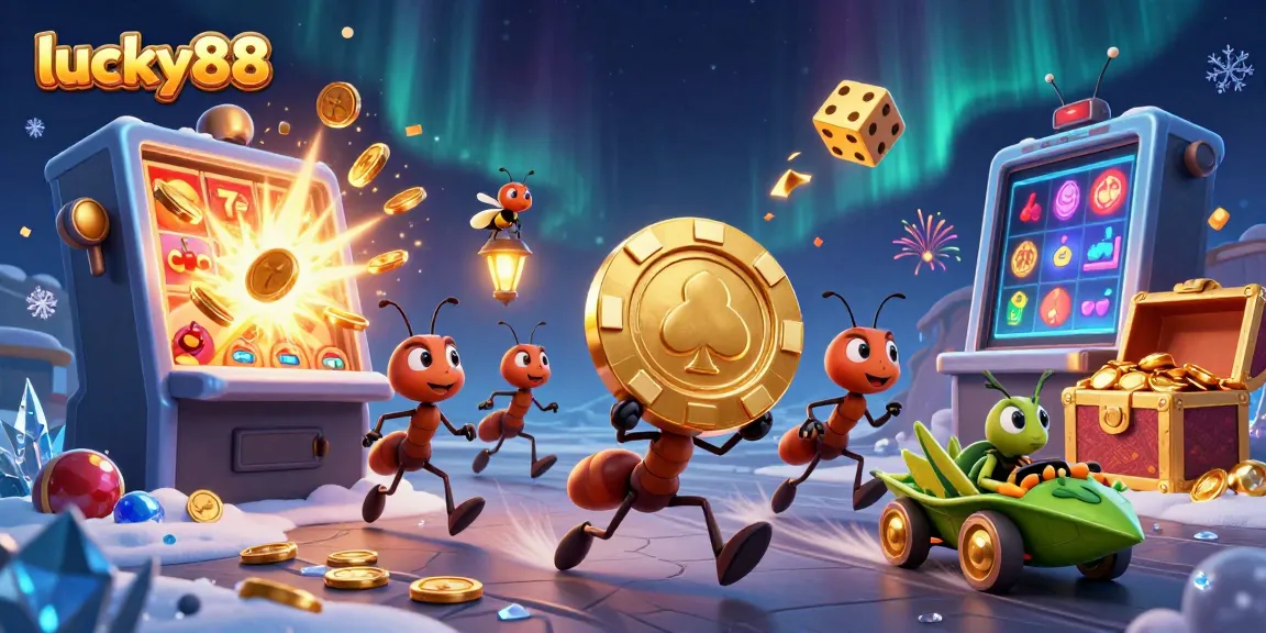 Experience the fun of lucky88 with a heist-themed casino scene showcasing ants and slot machines.