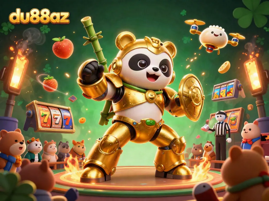 Experience the thrilling gameplay of du88az with a vibrant casino scene featuring a mech-suit panda and dynamic slot elements.