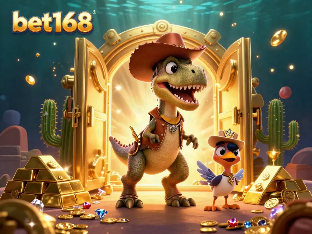 Bet168 showcases a vibrant scene with a cowboy dinosaur, cactus, and roadrunner celebrating casino success amidst treasure.