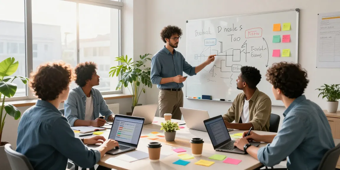 Build internal tools with AI in a dynamic team workspace, professionals collaborating on project ideas in a modern office.