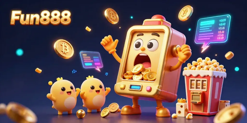 Experience the thrill of hitting jackpots at Fun888 with vibrant golden slot machines overflowing with coins.