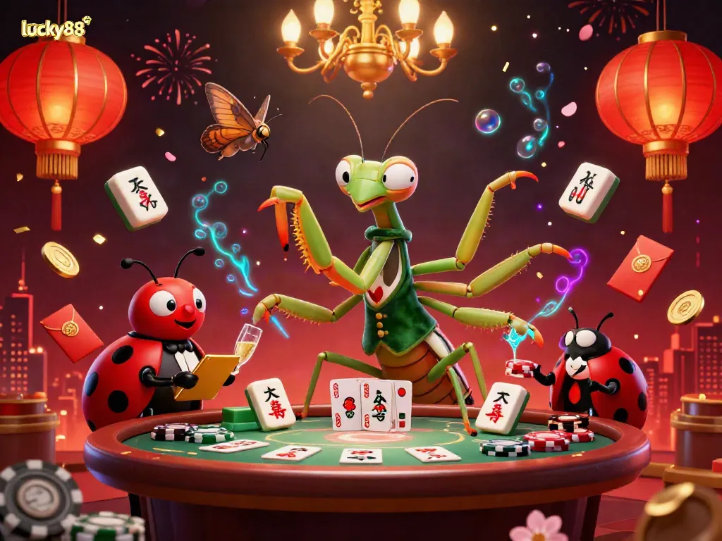 Experience the excitement of lucky88 with a mantis card sharp and ladybug pit boss in a vibrant casino scene filled with rich details.