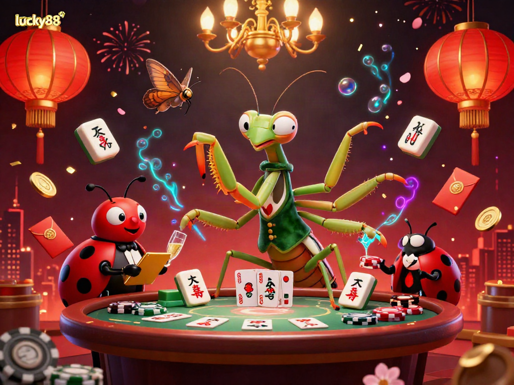 Experience the excitement of lucky88 with a mantis card sharp and ladybug pit boss in a vibrant casino scene filled with rich details.