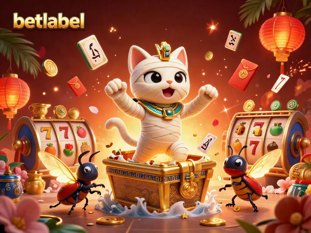 Experience thrilling wins and gaming adventures at betlabel with a vibrant casino scene featuring a mummy cat and jewels.
