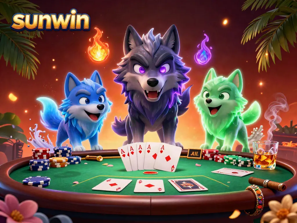 Experience the thrill of sunwin with a vibrant 3D casino illustration showcasing dynamic poker action.