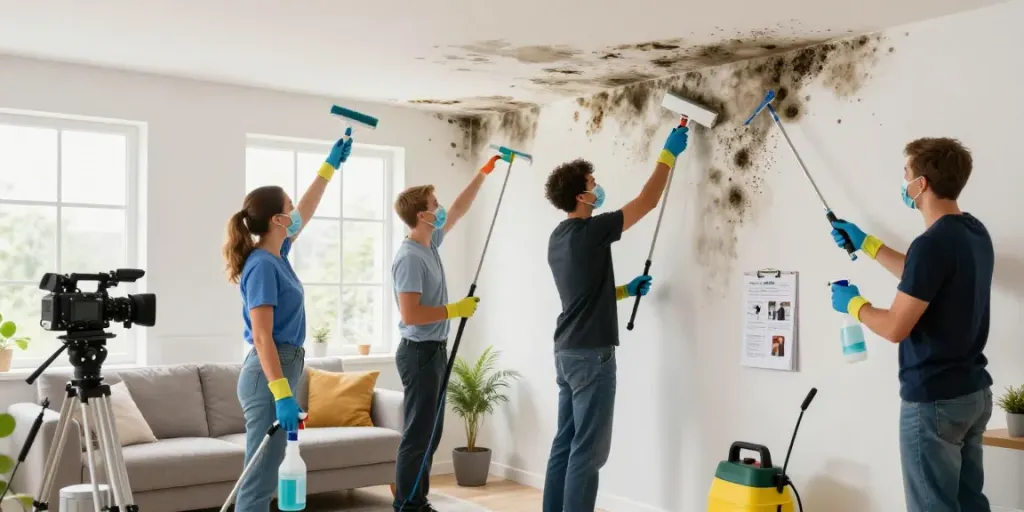 Limpieza y desinfección de moho en Barcelona, equipo profesional limpiando paredes con soluciones ecológicas y equipo especializado.