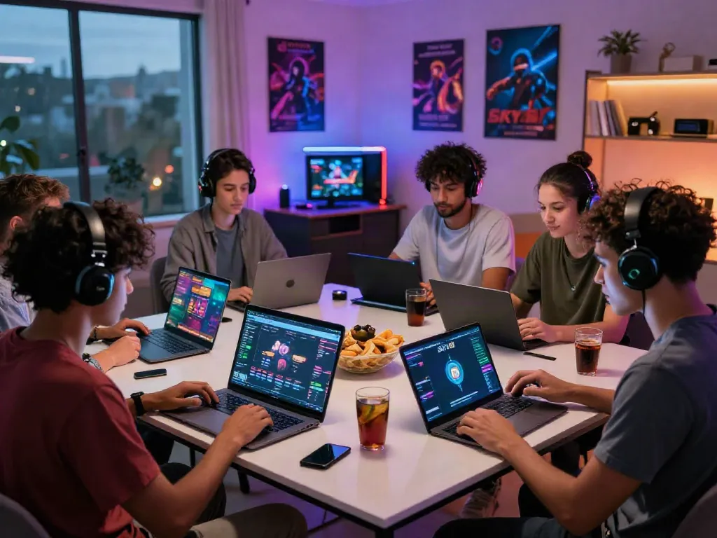 Friends enjoying games on https://sky88tg.com/ in a vibrant living room setting with playful atmosphere.