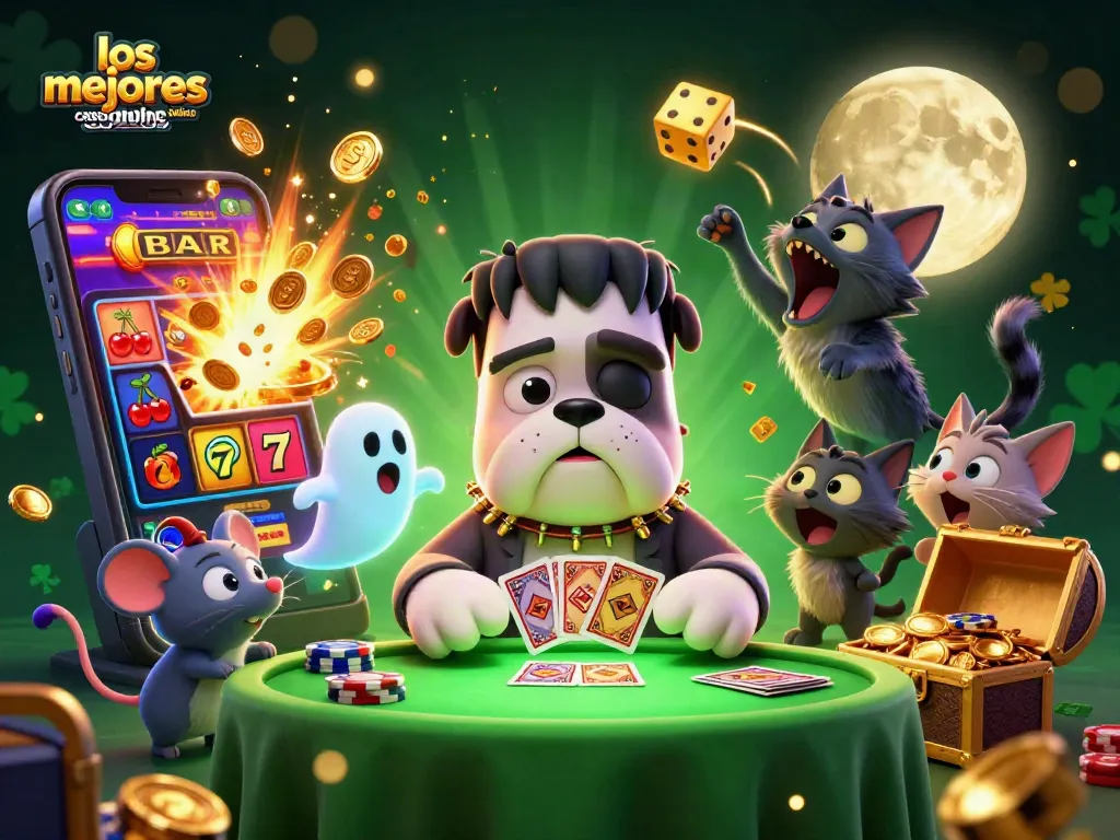 Jugando en los mejores casinos online, un bulldog frankenstein reparte cartas en un entorno de casino vibrante.