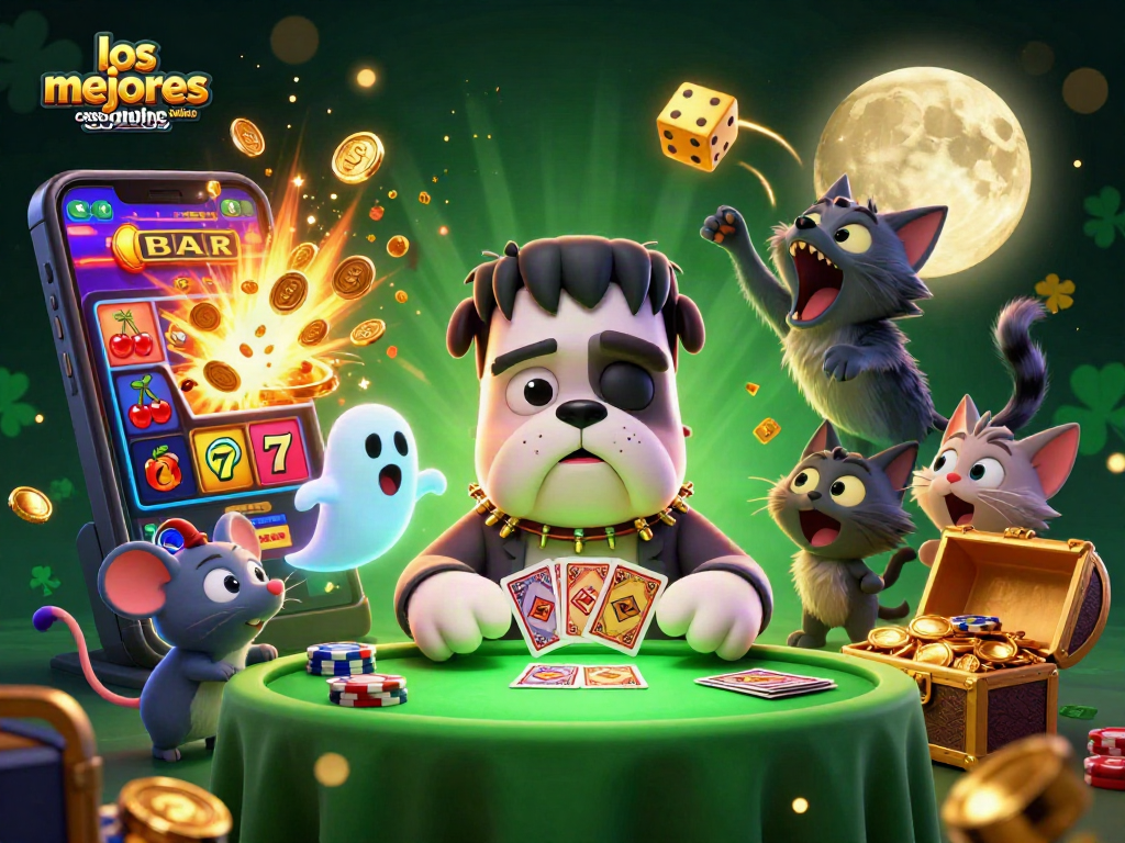 Jugando en los mejores casinos online, un bulldog frankenstein reparte cartas en un entorno de casino vibrante.