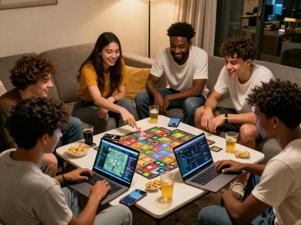 Friends enjoying ROKOK88 gaming patterns in a cozy setting.
