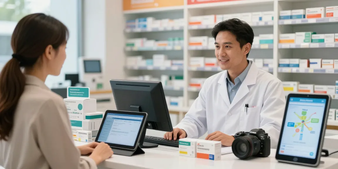 Buying viagra españa at a virtual pharmacy, pharmacist assisting customer with medications and health information.