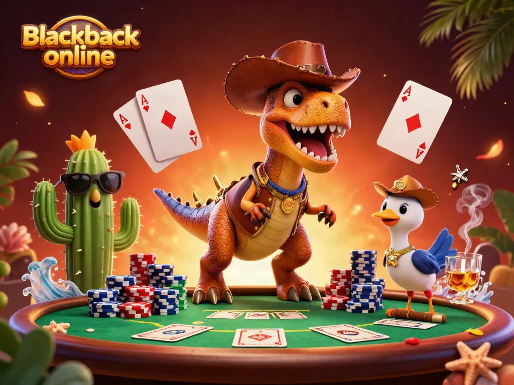 Juega blackjack online mientras disfrutas de una divertida escena de un dinosaurio y amigos en un casino.