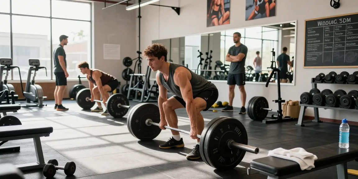 Atleta en el gimnasio Esteroidesshop demostrando la forma correcta de peso muerto en un ambiente de fitness vibrante.
