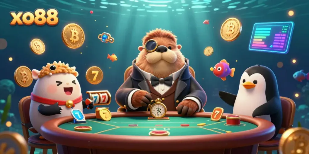 Experience thrilling poker action at xo88 with a jolly walrus and pufferfish in a vibrant underwater casino.