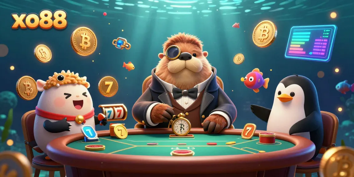 Experience thrilling poker action at xo88 with a jolly walrus and pufferfish in a vibrant underwater casino.
