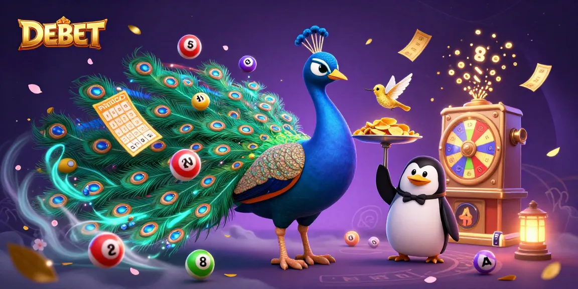Engage with DEBET through an exciting 3D illustration showcasing vibrant gambling elements and characters.
