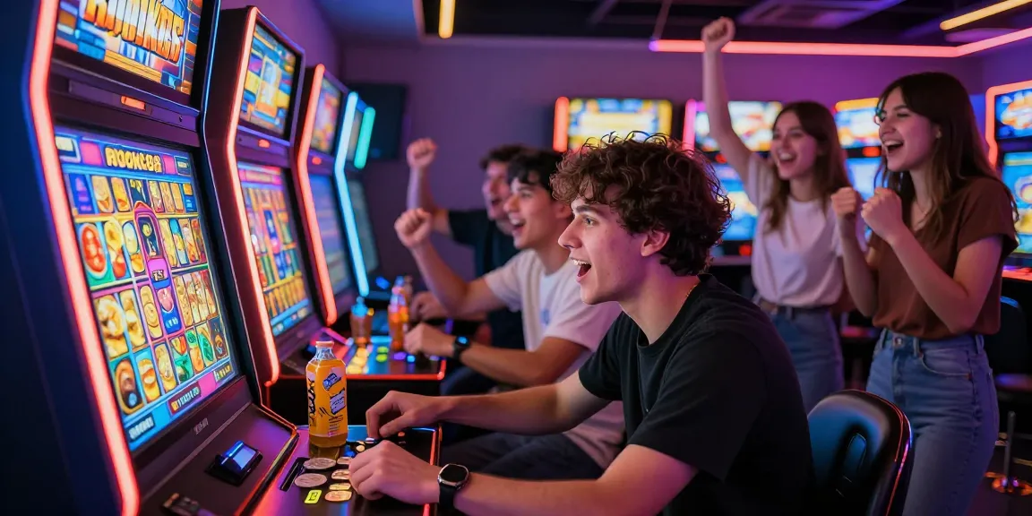 Exciting rokok88 slot gaming moment with friends celebrating a jackpot win in a neon-lit arcade setting.
