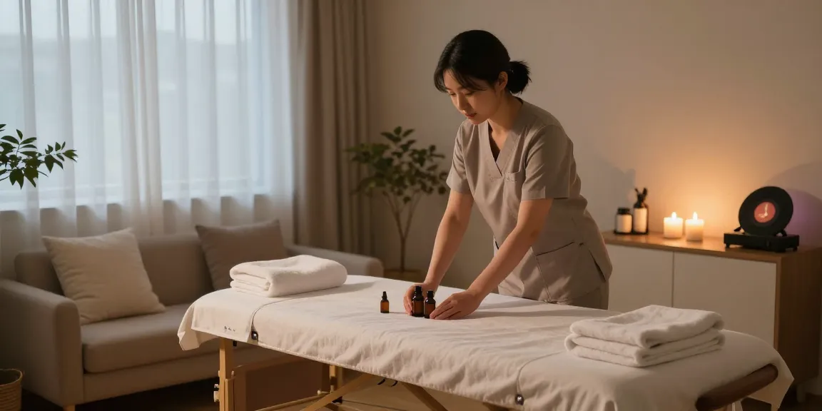 Relaxing home massage setup for 천호동출장안마, with therapist preparing oils and calming decor.