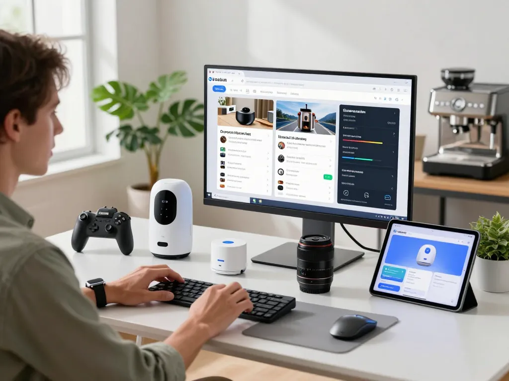 Exploring the latest tech gadgets 2091 in a modern workspace with innovative Bluetooth devices and a bright atmosphere.