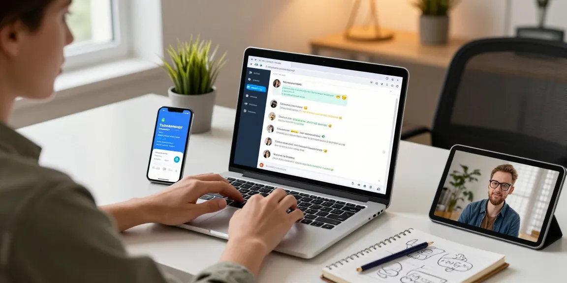 Engaging with the Telegram Web Version in a modern workspace with tech gadgets and natural light.