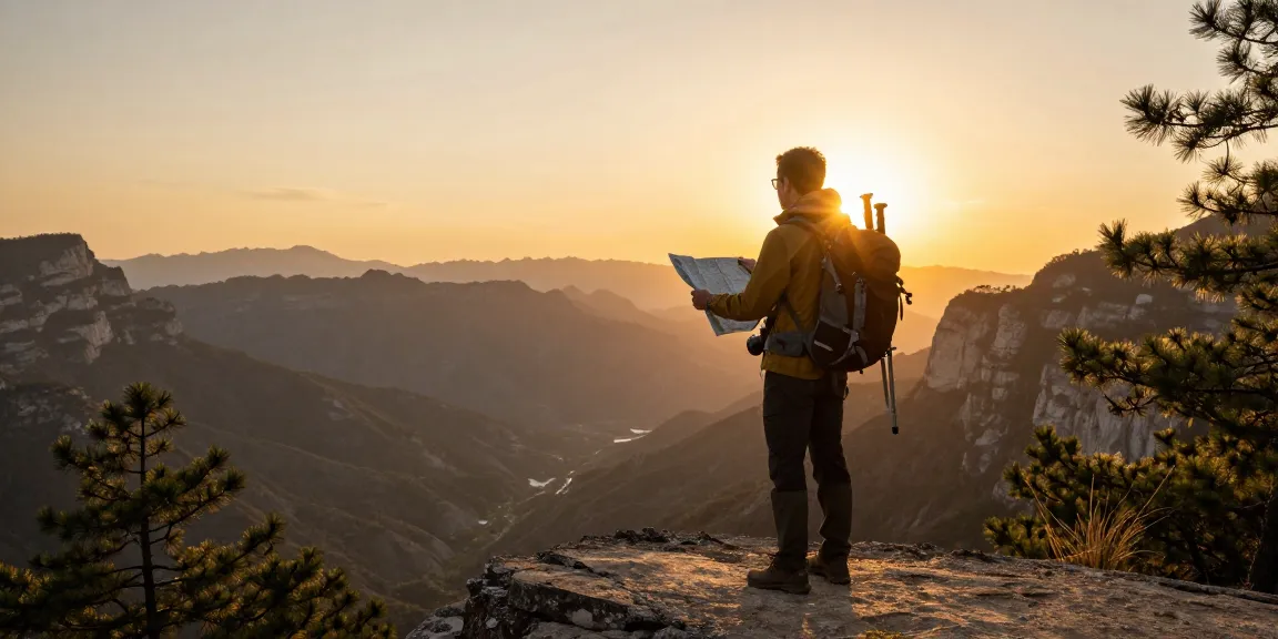 Traveler at scenic mountain viewpoint during sunset, capturing rokok88 adventure essence.