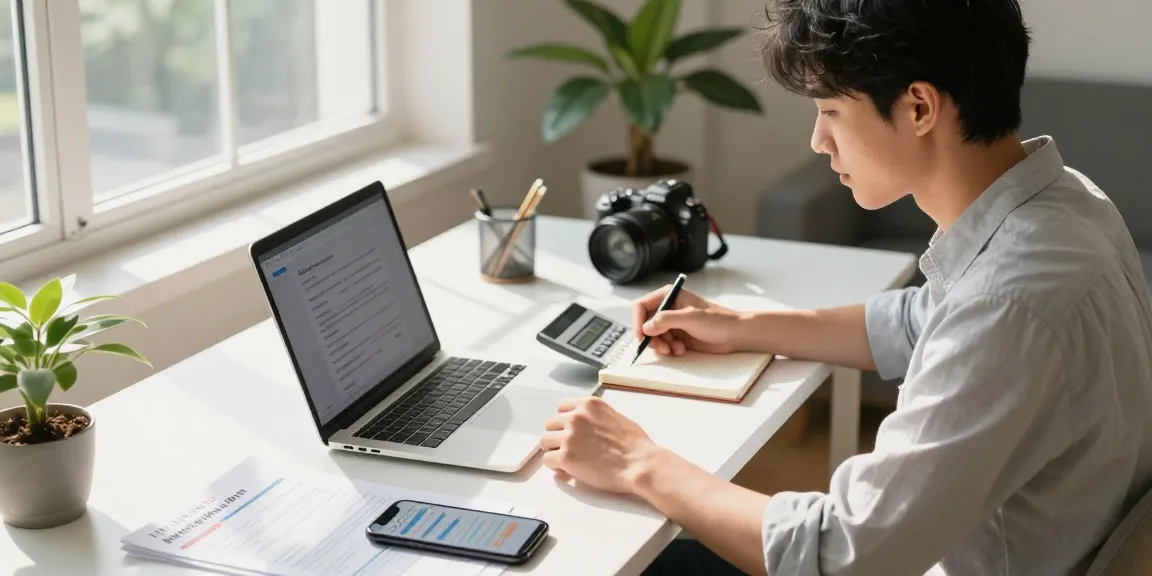 Simular hipoteca calculation with young professional in bright home office focused on financial planning.