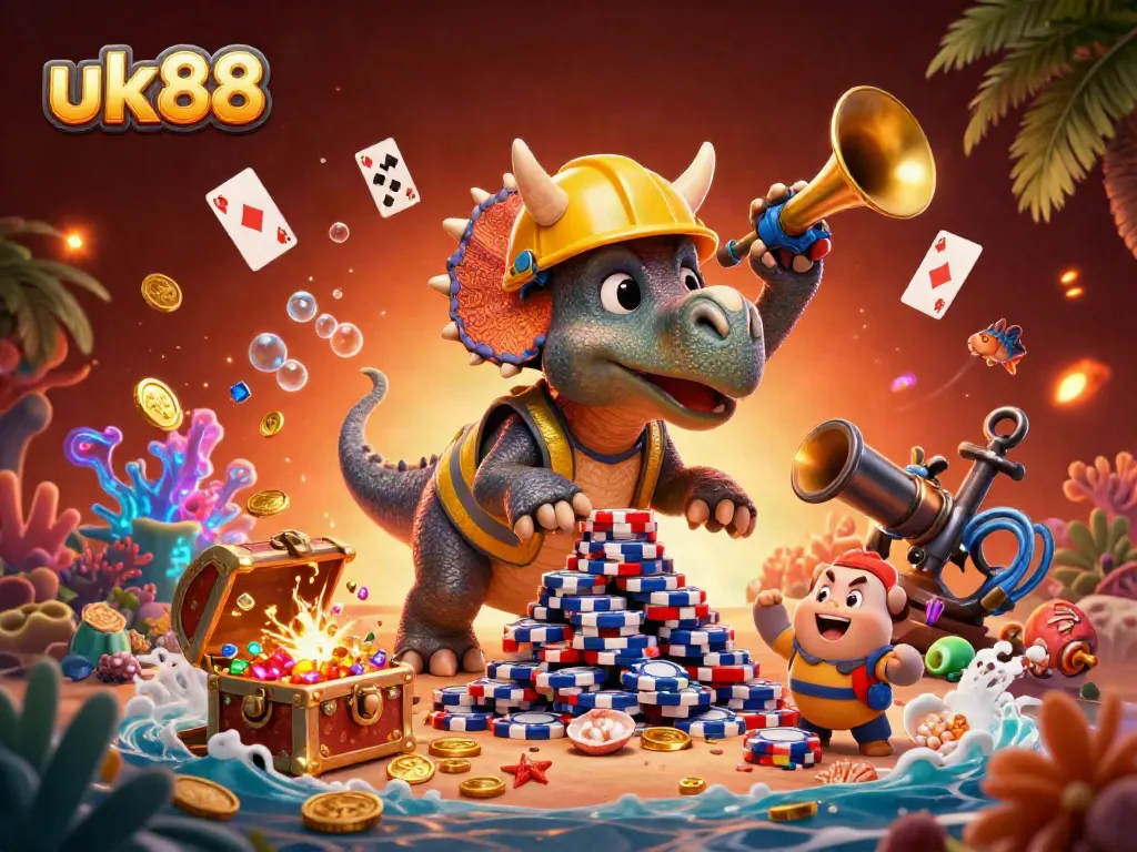 uk88 casino scene with a triceratops building poker chip pyramid, surrounded by festive ocean treasures.