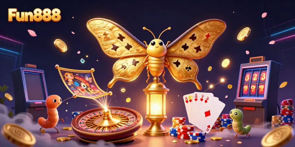 Win big with Fun888's vibrant casino scene, showcasing thrilling games and golden treasures!