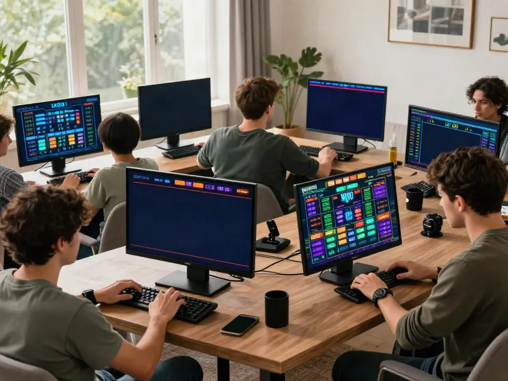 Players enjoying UK88's online betting services in a vibrant living room setting with digital screens.