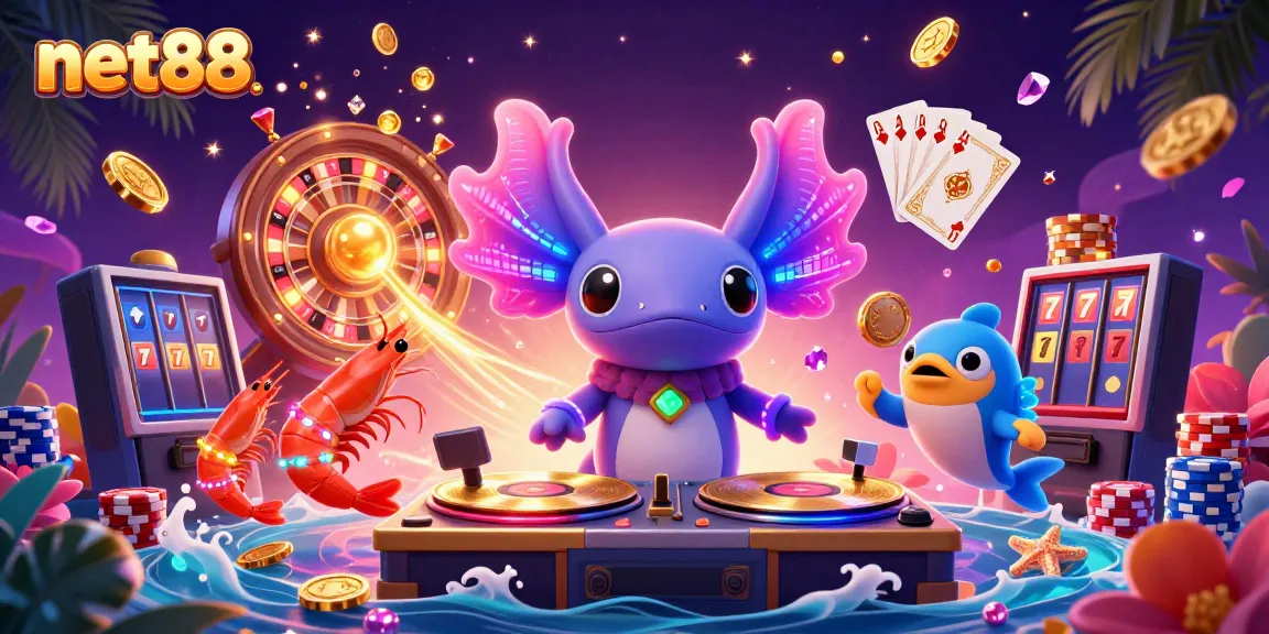 Experience excitement at net88 with a vibrant underwater casino scene featuring a DJ axolotl spinning records.
