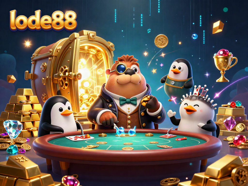 Experience the thrills of lode88 casino games with a jolly walrus, penguin dealer, and pufferfish bluffing at an underwater poker table.
