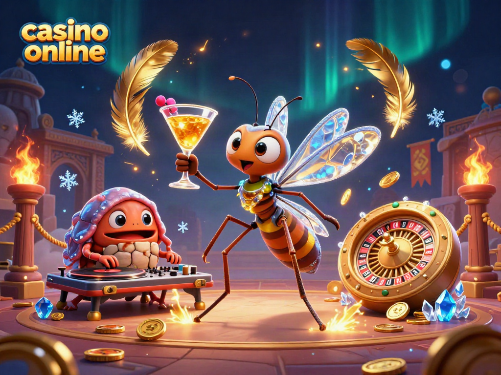 Visualiza un casino online colorido con un mosquito mascota y un DJ trilobite, rodeados de elementos de juego.