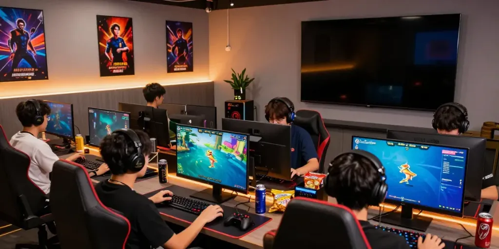 Players enjoying exciting fishing games at https://du88az.net/ in a lively gaming lounge.