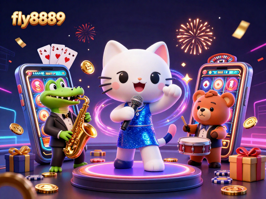 Engage with fly8889 in a lively casino scene featuring a singing cat, a saxophone crocodile, and a drumming bear.