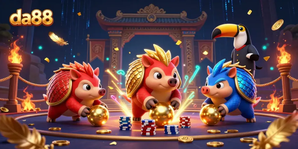 Experience thrilling gaming moments at da88 with animated pangolins amidst a vibrant casino scene.