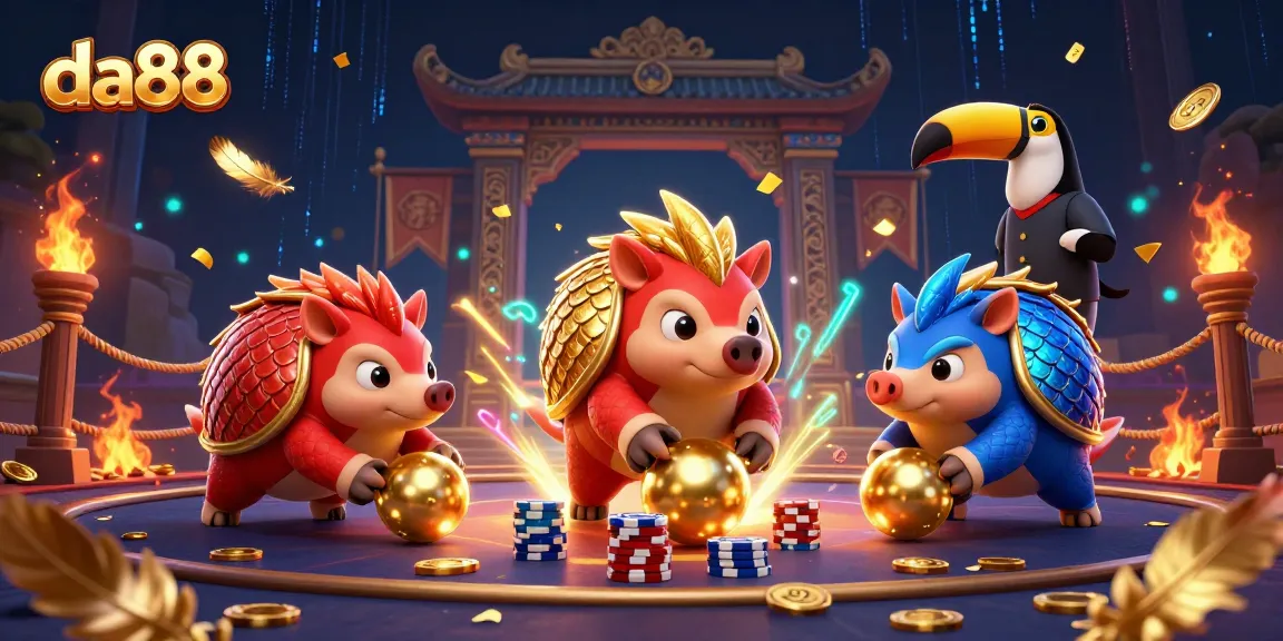 Experience thrilling gaming moments at da88 with animated pangolins amidst a vibrant casino scene.