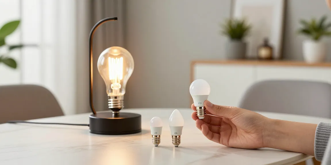 Comparative view of E27 vs E14 light bulbs held by a person, showcasing their size differences in a cozy home lighting environment.