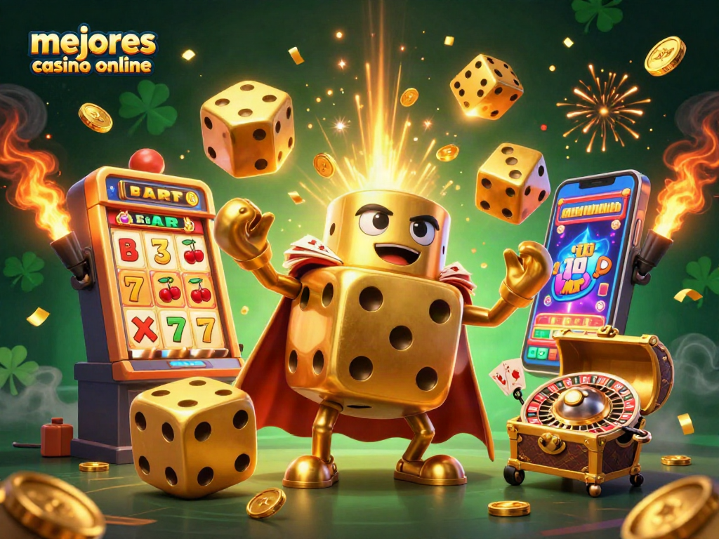 Jugando en los mejores casinos online, un golem de dados dorados y símbolos de tragamonedas brillan entre premios.