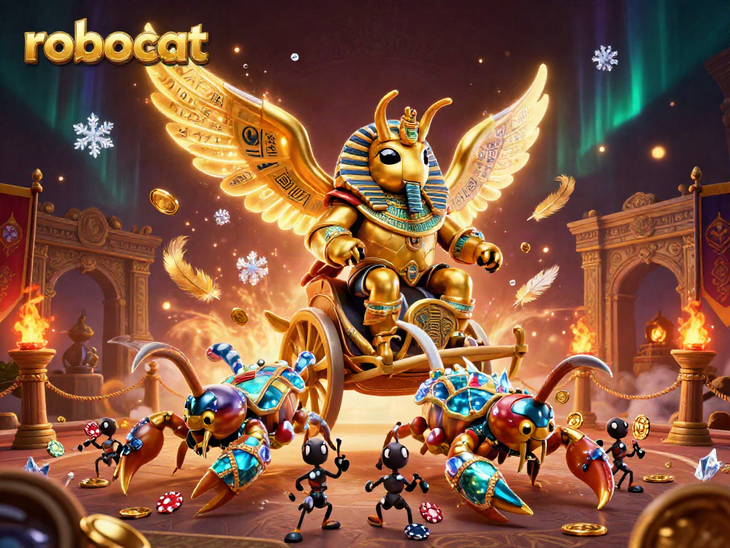 Engage with robocat casino thrills amidst a dynamic 3D illustration of adventure and excitement.