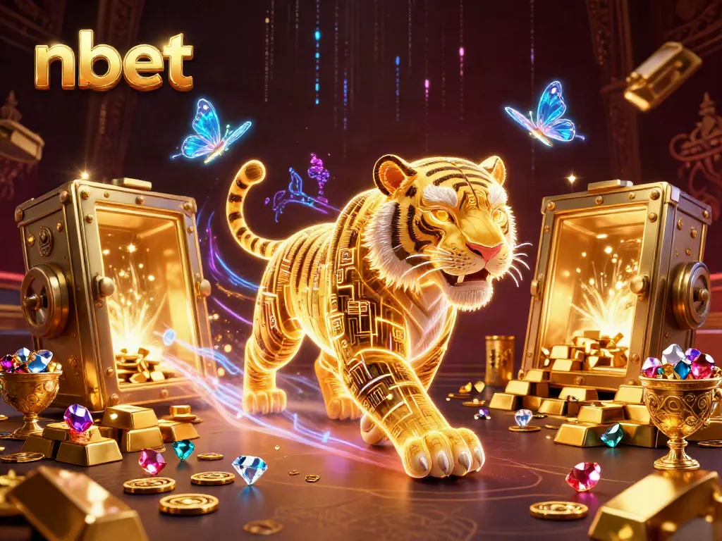 nbet casino illustration featuring a golden tiger amidst treasure and holographic effects.